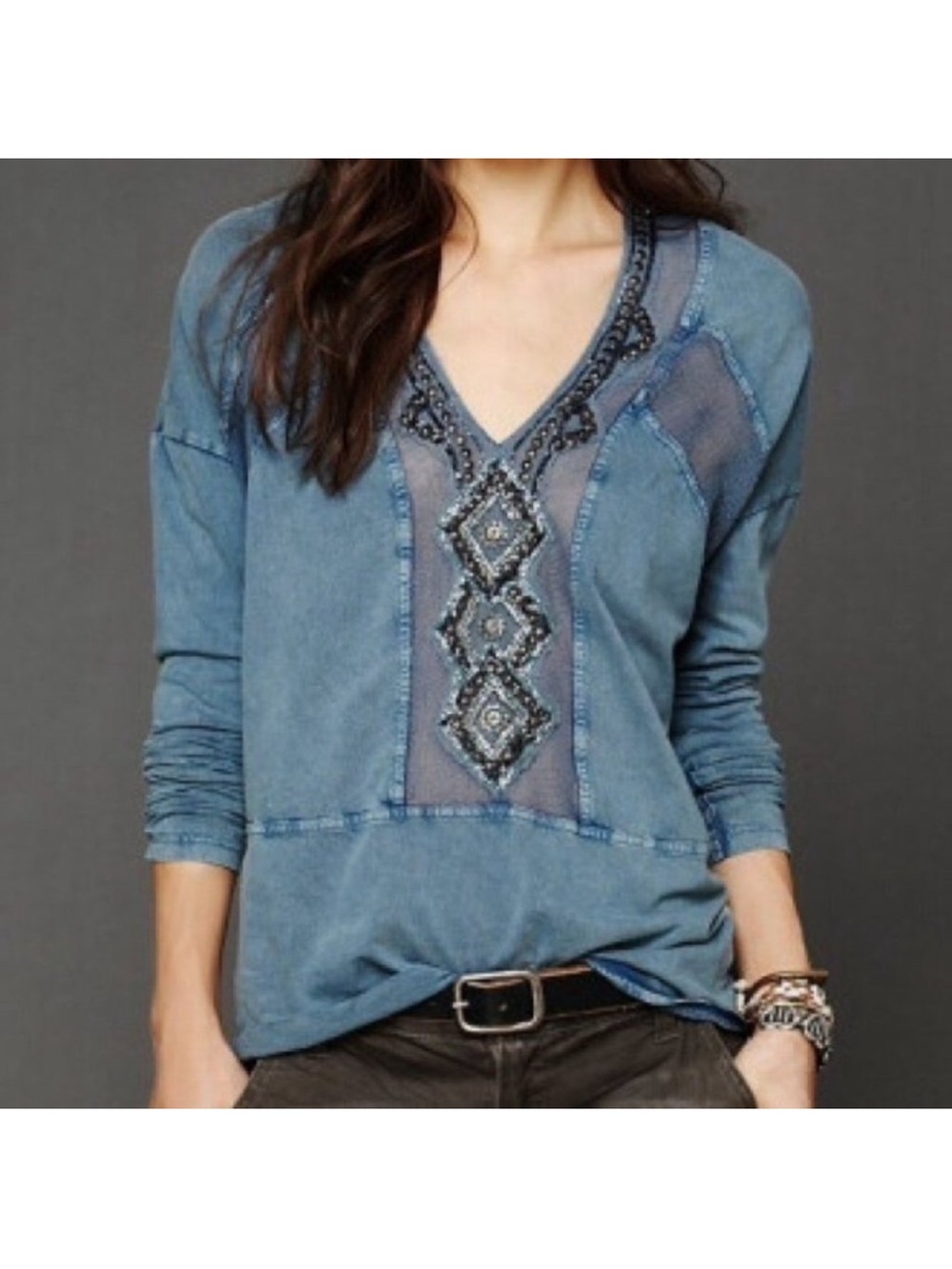 Free people Women's Blue Embellished V-Neck Top